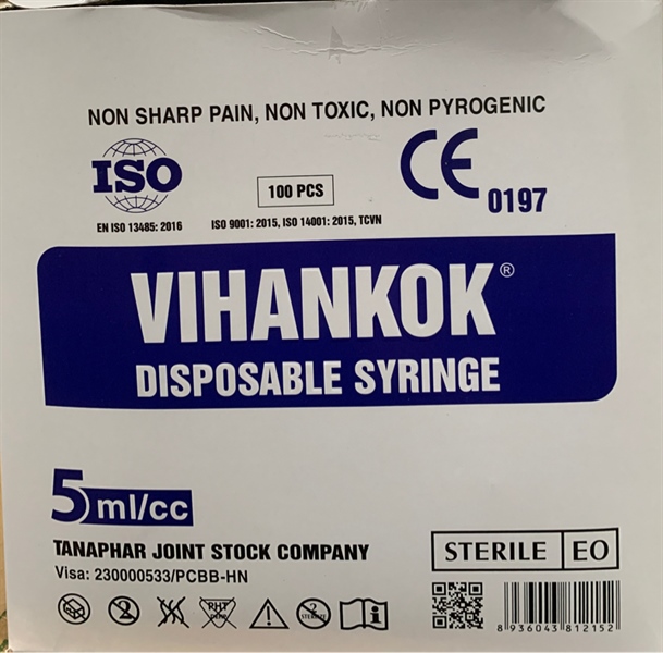 Bơm tiêm VIHANKOK 5ml/cc (Kim 25G x 1") Tanaphar/VN, Bơm tiêm sử dụng một lần (Hộp*100cái)
