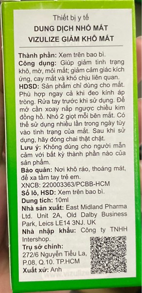 Dung dịch nhỏ mắt Vizulize giảm khô mắt 10ml - UK/Intershop 2