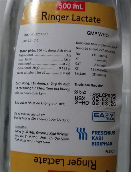 Ringer lactate 500ml (Thùng 20chai nhựa 500ml) - CTCP Fresenius Kabi VN
