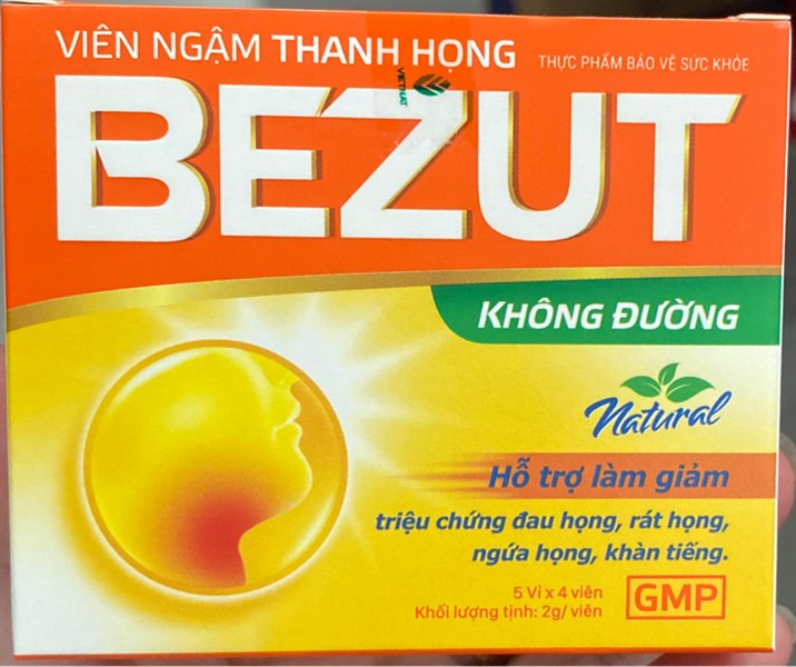 Viên ngậm thanh họng Bezut không đường (Hộp 5 vỉ x 4 viên) - Vietnat (Vinacare OTC)