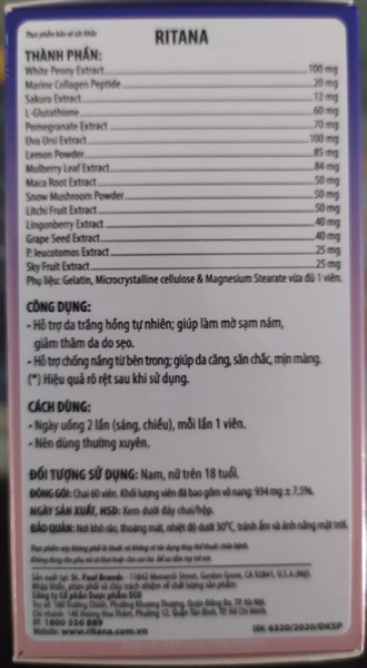 Ritana Skin Whitening 100% Natural essence (H*1lọ*60viên) - USA 2