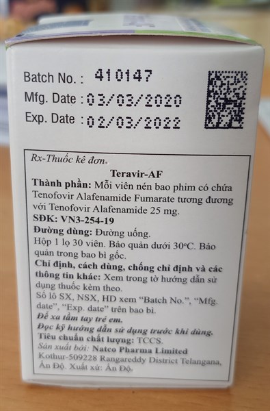 Teravir - AF 25mg (Tenofovir - Điều trị viêm gan B) (Lọ*30viên) - ấn độ 2