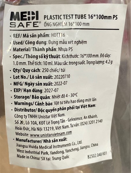 ống nghiệm nhựa 16 x 100mm - Medi Safe/TQ 2