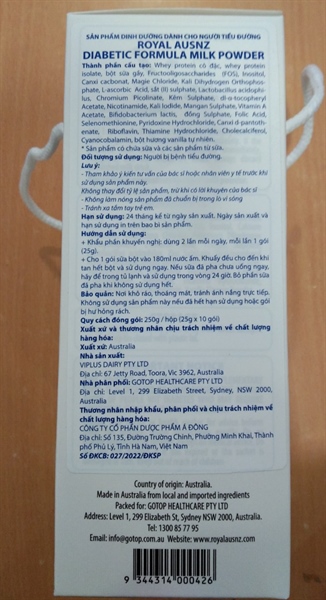 Sữa tiểu đường - Royal Ausnz Diabetic Formula Milk Powder (Hộp 10 gói x 25g) - Australia 2