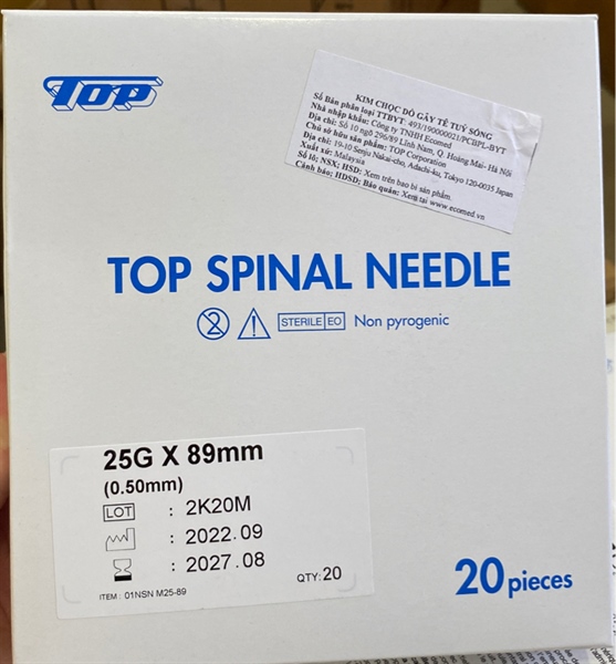 Kim chọc dò gây tê tuỷ sống G25 (Top Spinal Needle)(Hộp 20 cái) - Meditop Corporation (Malaysia) SDN. BHD.;Malaysia