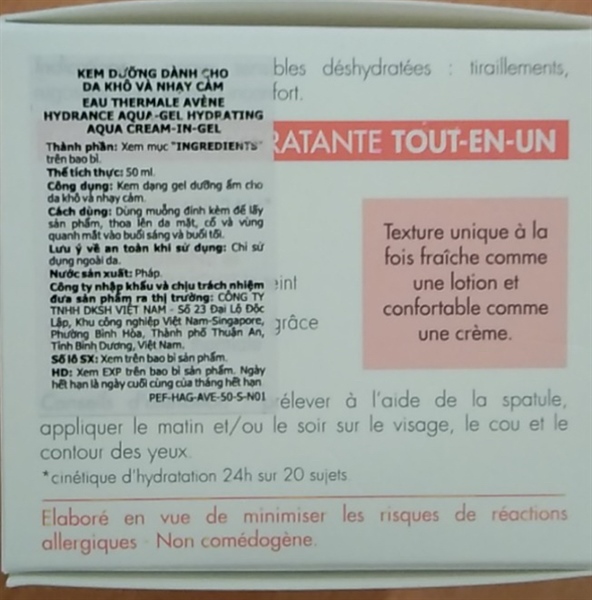 Avene aqua cream in gel 50ml (Kem dưỡng ẩm cho da khô và nhạy cảm) - France 2