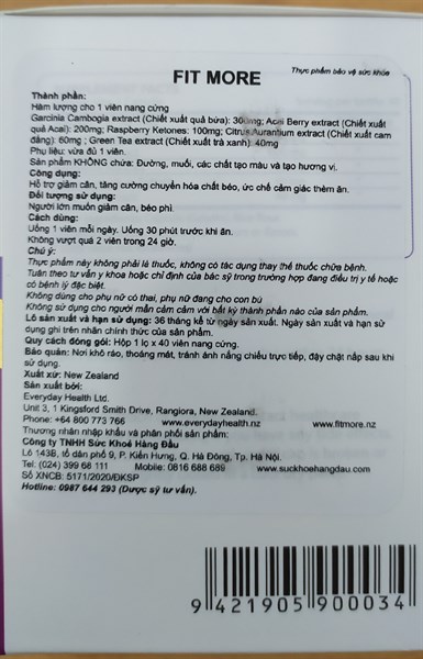 FIT MORE (Hỗ trợ giảm cân) (Lọ*40viên) - New Zealand 2