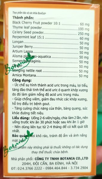 Boni gut - Botania - Giảm nồng độ acid uric trong máu, hỗ trợ điều trị bệnh gout (Lọ 60 viên) 2