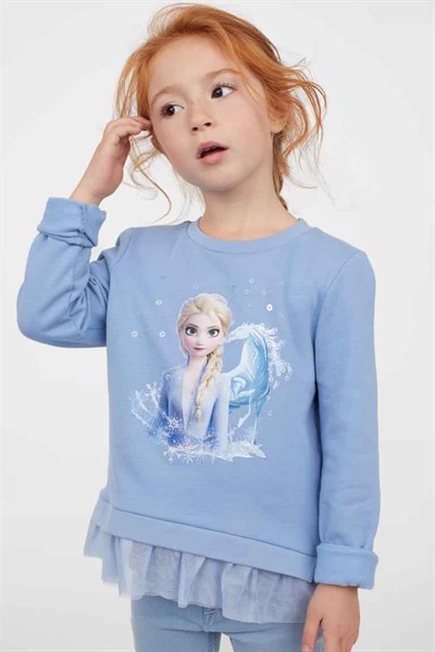 Quần Áo HM - Áo nỉ Frozen màu xanh đáp ren